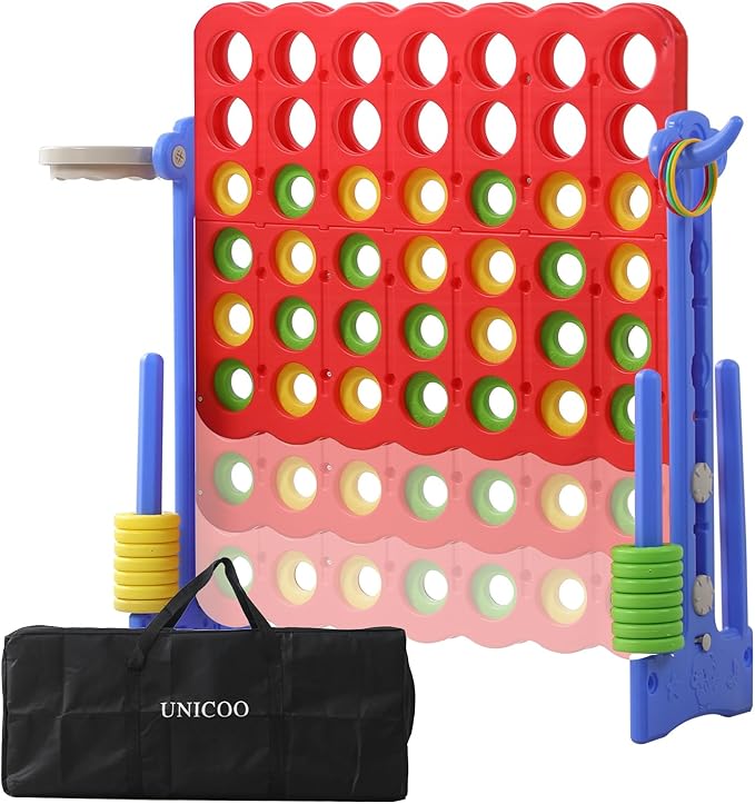 UNICOO® Height Adjustable Jumbo 4-to-Score Game, 4 in A Row Game with Basketball Hoop, Ring Toss, Carrying Bag, Indoor Outdoor Yard Game, Parties & Family Gatherings