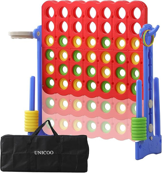 UNICOO® Height Adjustable Jumbo 4-to-Score Game, 4 in A Row Game with Basketball Hoop, Ring Toss, Carrying Bag, Indoor Outdoor Yard Game, Parties & Family Gatherings