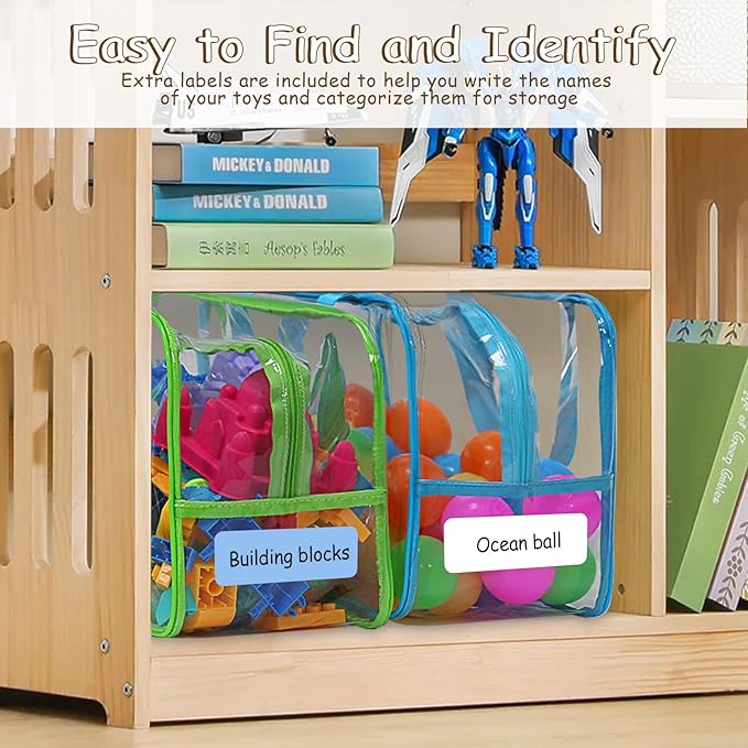 6 Packs Extra Large Toy Storage Bags, 12.6 * 9.25 * 6.9 IN Clear Colorful Waterproof Toy Organizer Bags with Labels, Dual Zippers and Portable Handheld Design, Board Game Storage for Building Blocks