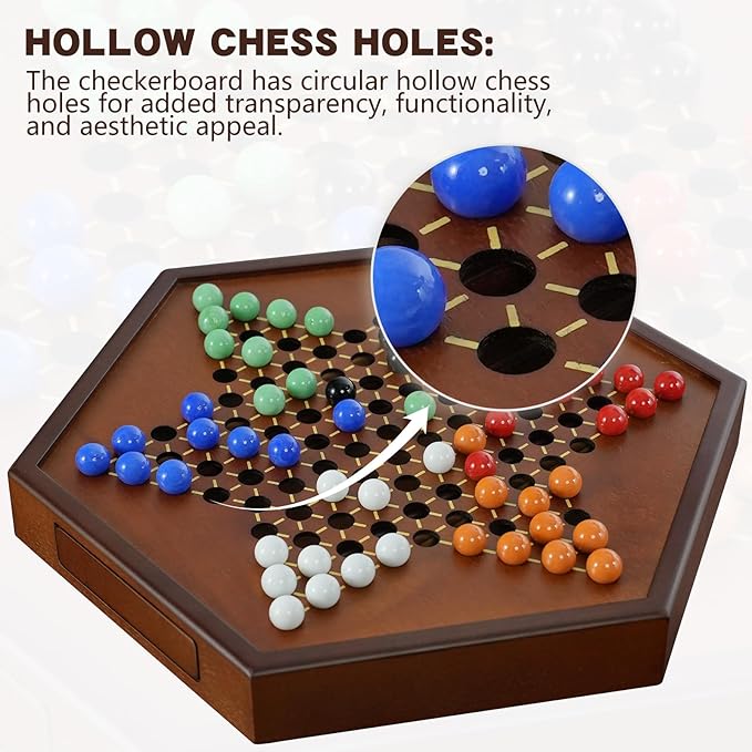 15" Large Upgraded Wooden Chinese Checkers Game Board – Premium 16mm Glass Marbles (60 + 12 Extras), Easy Grip, Storage Drawer, Ideal Multi-Player Puzzle Game for 2-6 Players