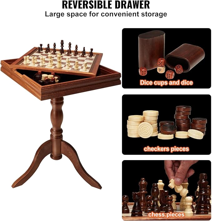 VEVOR 3-in-1 Chess Checkers Backgammon Table Set, 18 Inch Premium Wooden Chess Table, Deluxe Combo Game Table Furniture Set, Chess Set Board Game Gift for Family Board Games