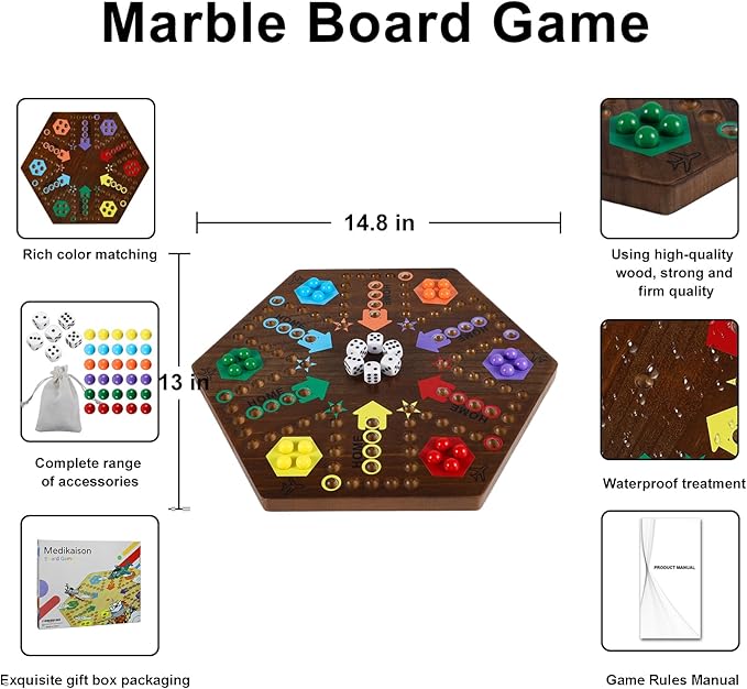 Wahoo Marble Board Game 4 and 6 Players 2 Sided Painted Thicken Wood Board Game for Family Friends Party