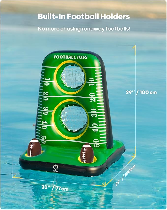 QPAU Inflatable Football Toss Game for Pool – Water Football Target with 4 Balls & 2 Pumps, Dual Net Design, Stable Base, Summer Pool Game for Kids & Adults