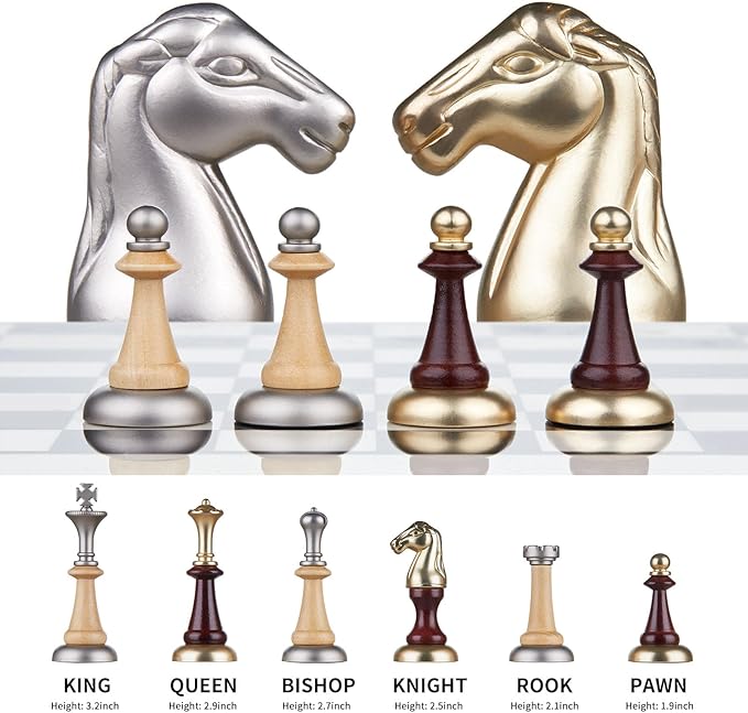 AMEROUS 16 Inches Wooden Chess Set, Large Size Board with 2 Built-in Storage Drawers - 2 Extra Queens - Metallic & Wooden Chess Pieces - Gift Packaging, Board Games for Adults and Kids