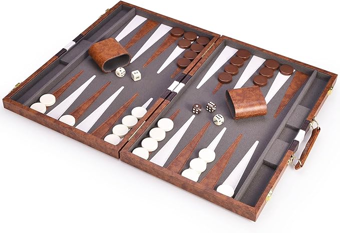 AMEROUS Backgammon Set, 18 Inches Classic Board Game withLeather Case, Folding Board, Gift Package, Portable Travel Strategy Backgammon Game Set for Adults, Kids (Large, Brown)