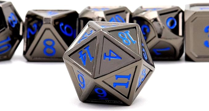 Haxtec Black Metal DND Dice Set D&D W/Gift Metal Case Polyhedral Dice for Dungeons and Dragons TTRPG-Black Blue Numbers