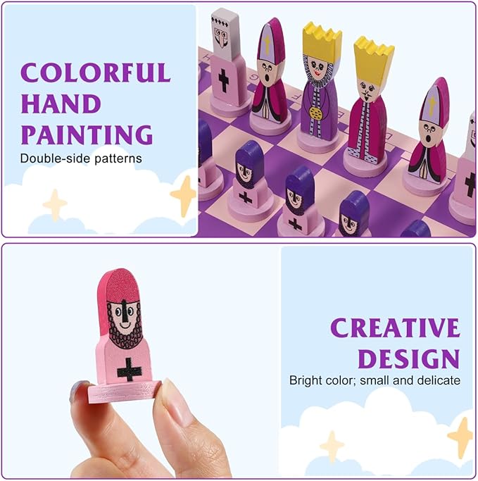 TOYANDONA Wooden Chess Set, 11.8 inch Cartoon Travel Chess Set Pink Chess Board Game Set with Cute Chess Pieces for Kids and Adults