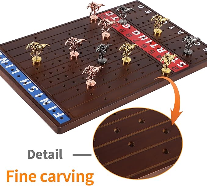 Horse Race Board Game Finish Line Racing Game with 11 Luxurious Metal Horses with 4 Dice and 2 Boxes of Cards Solid Wood Horse Racing Game Board Color Box Packaging (Small, Walnut Color)