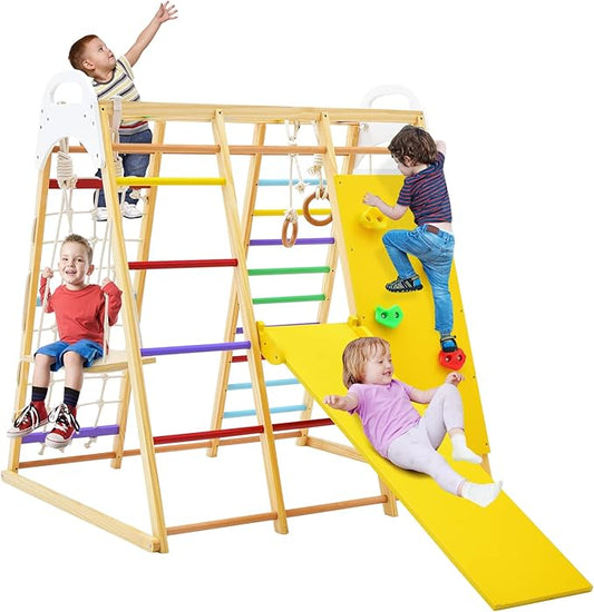 Costzon Indoor Jungle Gym, 8-in-1 Montessori Climbing Toys for Toddlers with Slide, Climbing Rock/Net, Monkey Bars, Indoor Wooden Playground Climber Playset for Kids 3-6 Years Birthday