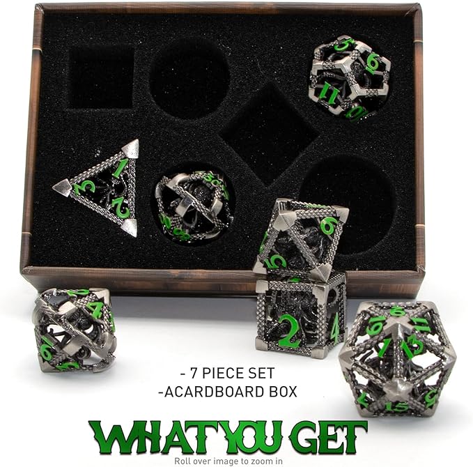 Hollow Cthulhu Metal Polyhedral Dice Set - D&D, Pathfinder, Warhammer, Shadowrun Gaming Dice (Green Number)