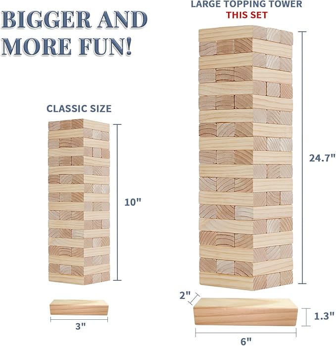 Giant Tumble Tower Games for Kids and Adults 57 Blocks New Zealand Pine Wooden Blocks Stacking to Over 4.2FT Family Games for Indoors Outdoors Yard Games for Family