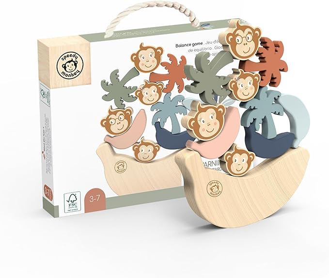 Speedy Monkey See Saw Game, Wooden Stacking Blocks, Balance Beam with Bananas, Palm Trees & Monkeys, Enhances Color Knowledge, Logic & Fine Motor Skills, Non-Toxic Paint For Kids