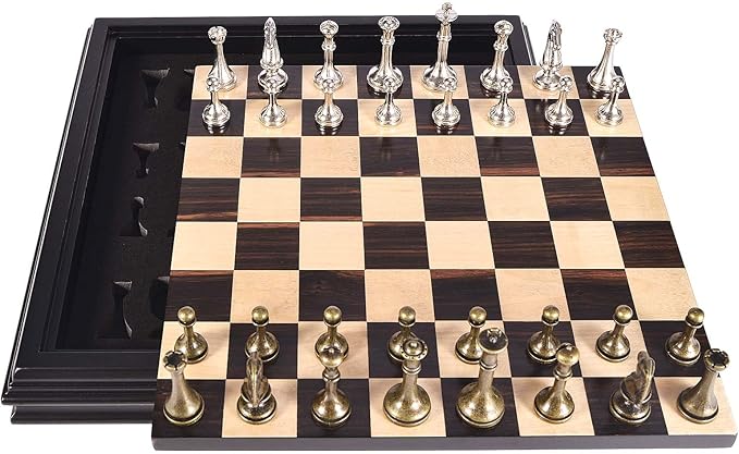 AMEROUS 12.5 inches Wooden Chess Set with Metal Chess Pieces，Classic Board Game w/ 2.5'' King/Storage for Chessmen/Instructions, Chess Sets for Adults, Kids, Beginner