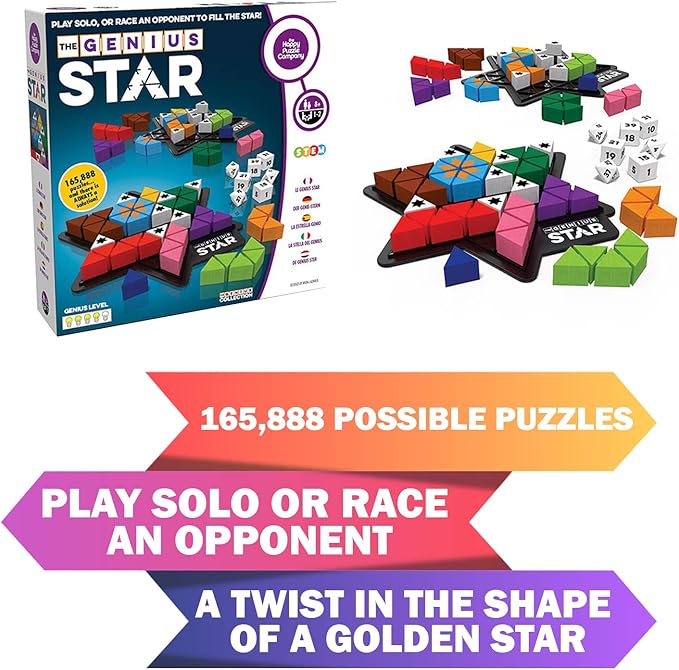 The Genius Star - Toy of The Year Award Winning Family Board Game. 165,888 Possible Puzzles by Filling in Colored Shapes with Blockers to Complete A Star! Golden Star Twist!