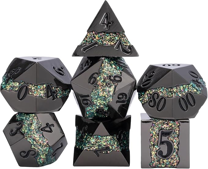 Black Glitter Metal Dice Set,Polyhedral Stripe DND Dice Set with Gift Box,RPG Solid Dungeons and Dragons Set 7pcs