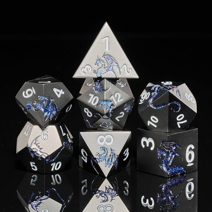Metal Dice Set D&D,Glitter Blue Dragon Heavy Metallic DND Dice,Polyhedral Dice 7 Piece for Dungeons and Dragon Tabletop Game(Black Glitter Blue Dragon)
