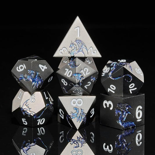 Metal Dice Set D&D,Glitter Blue Dragon Heavy Metallic DND Dice,Polyhedral Dice 7 Piece for Dungeons and Dragon Tabletop Game(Black Glitter Blue Dragon)