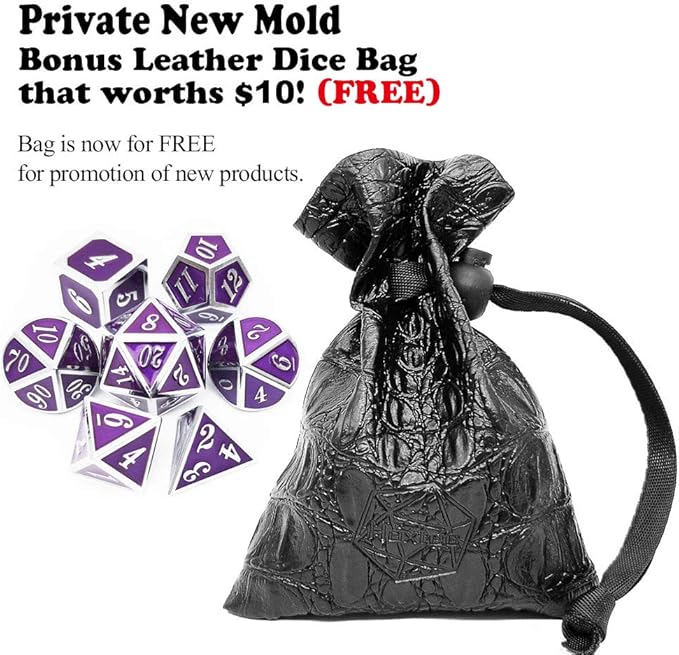 Haxtec Metal DND Dice Purple Silver with PU Leather Dice Bag D&D Dice Set for RPG Dungeons and Dragons Gifts TTRPGs-Silver Royal Purple