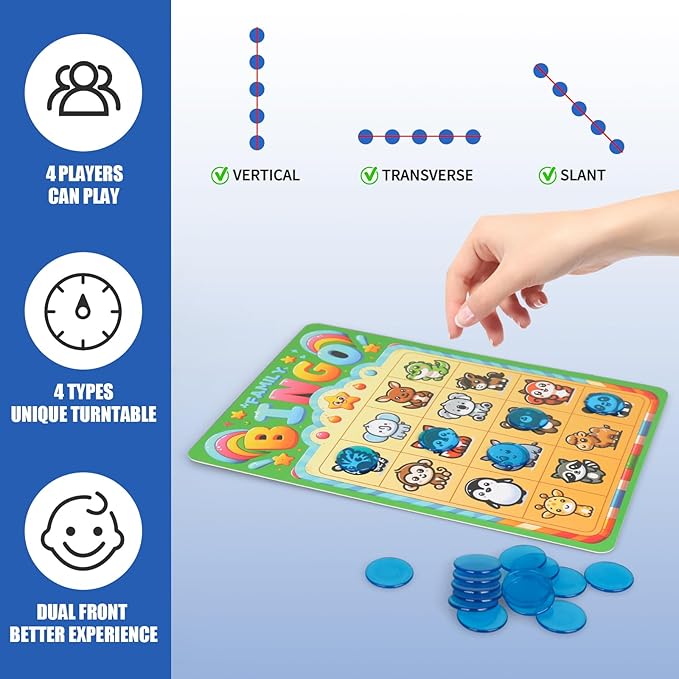 Family Bingo Game for Toddlers Ages 3+ | 4-in-1 Educational Bingo Set for Kids with Numbers, Sight Word, Letters & Animals | Family-Friendly Board Game for Learning & Fun | 2-4 Players