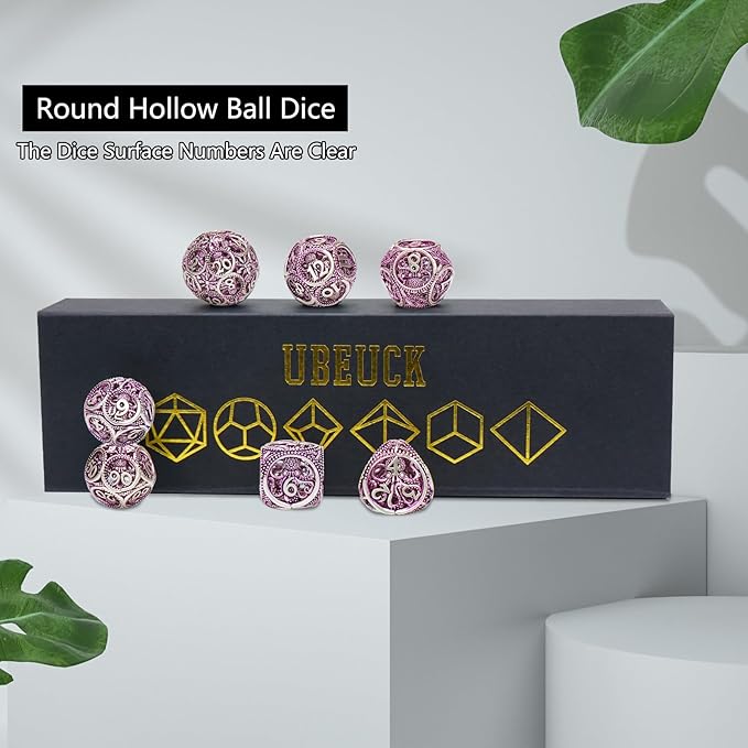 DND Dice,Hollow D&D Metal Dice,Unique Round Ball Design Octopus Dice with Gift Box for Dungeons & Dragon Gaming,7 PCs Steampunk Polyhedral D and D Dic(Octopus Purple)