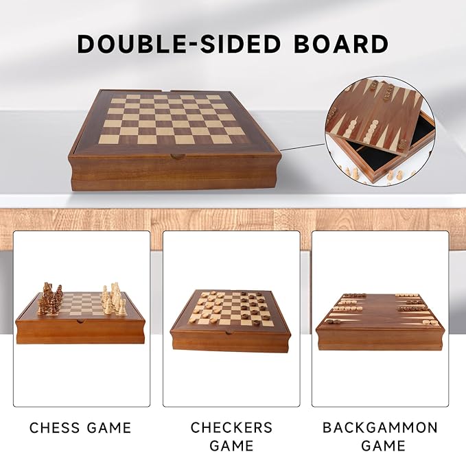 GSE Games & Sports Expert Wooden 7-in-1 Board Game Set - Chess, Checkers, Backgammon, Dominoes, Cribbage Board, Playing Card & Poker Dice Game Combo Set (Old Fashioned)