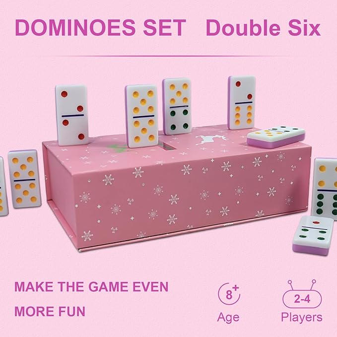 Dominoes Set for Adults, Double 6 Dominos Game Set with 28 Domino Tiles Double with Upscale Gift Boxes -7 Polyhedral Dice -Classic Board Games (Pink)