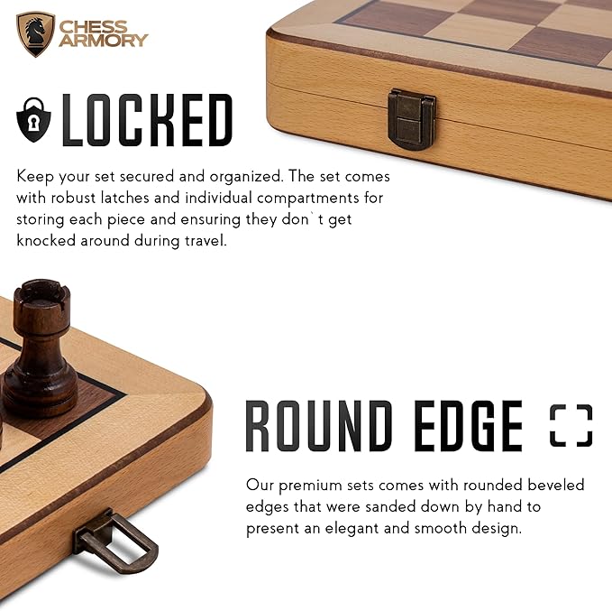 Chess Armory Wooden Chess Set 15 Inch - Premium Beech Wood Handcrafted Game Board for Adults and Kids with Extra Queen Pieces and Storage Box - Ideal for Home and Travel - Non-Magnetic