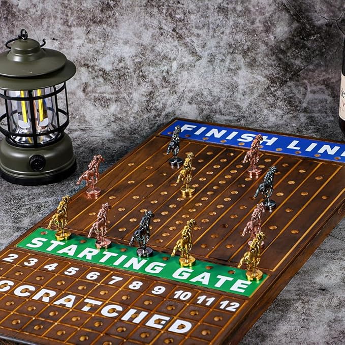 Large 21 inch Finish LINE Horse Racing Board Game is Equipped with 11 Luxury Metalcraft Horses Adult Chessboard Including 2 Dice and 2 Boxes of Cards (Flaming Color)
