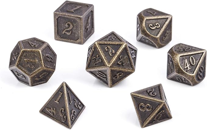 DnDnD Ancient Design Dice, 7PCS Brass DND Metal Dice with Metal Box for Table Games Dungeons and Dragons D&D