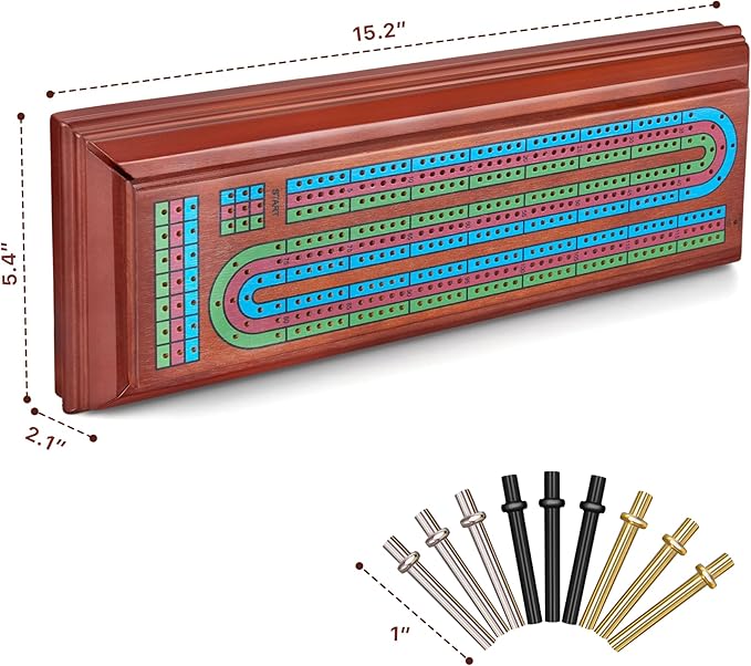 Wooden Cribbage Board Game Set with Large Storage Area,9 Metal Pegs & 2 Playing Cards Continuous Solid Wood 3 Track Board Travel Portable Cards Games for Adults Family