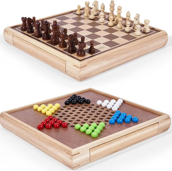 VAMSLOVE 13" Chess Chinese Checkers 2 in 1 Wooden Board Game Set with Pieces Storage Drawer - 2 Extra Queens, Bonus Marbles, for Birthday Gift (Instructions Included)