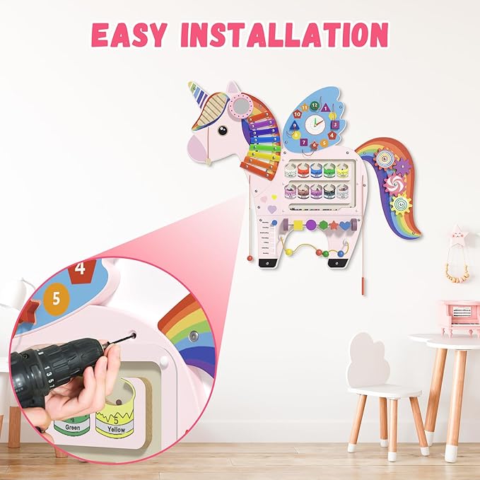 Unicorn Sensory Wall Panel for Kids - Activity Wall Busy Board Panels, Montessori Toddler Wall Activity Board, Wall Toys for Toddlers 3, Activity Cube, Perfect for Toddler Playroom, Pink