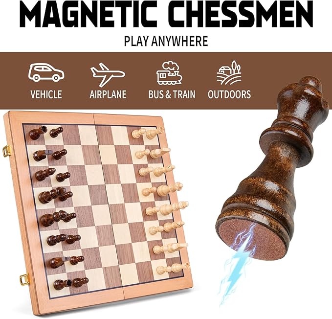AMEROUS Magnetic Wooden Chess Set, 15 Inches Handmade Wooden Folding Travel Chess Board Game Sets with Chessmen Storage Slots for Kids and Adults, 2 Bonus Extra Queens, Gift Box Packed