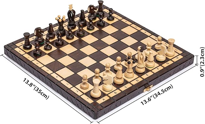 Husaria European International Chess Wooden Game Set, King's Classic - 13.8 Inches Medium Size Chess Set with Handcrafted Chessmen and Felted Folding Board