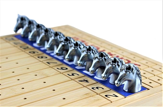 Metal Horse Race Board Game Set with Horse Racing Thick & Solid Wood Game Board, 11 Luxurious & Durable Classic Silver Colored Metal Craft Horses, Dice and Cards for Horseracing (HR-551)
