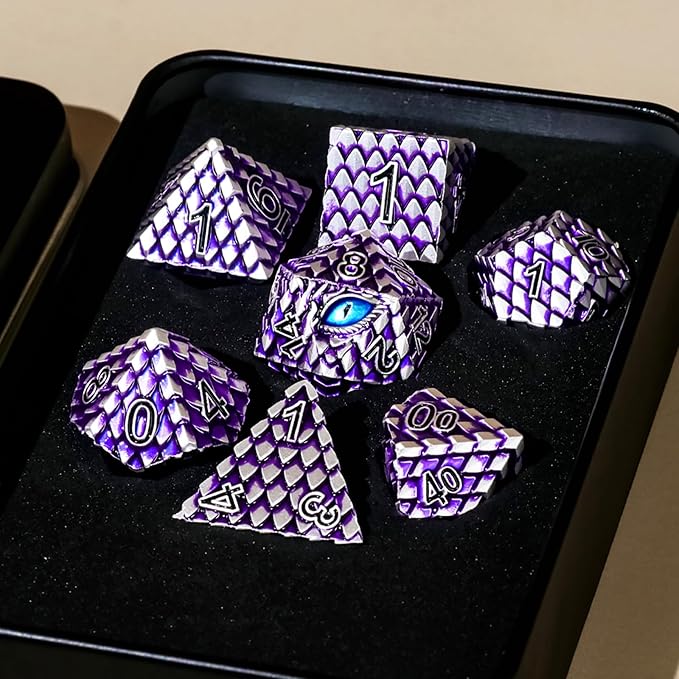 Metal Dice Set D&D,7 PCS Dragon Scale Metallic DND Dice Set,Dragon Eye Metal Dice with Grogeous Gift Case for Dungeons and Dragon Tabletop Game (Purple Dragon Scale & Blue Eye)