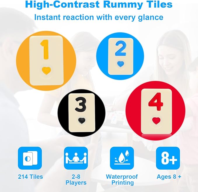 Rummy Cube 6-8 Players with 8 Wooden Racks 214 Large Number Rummy Tiles Travel Size Rummy Cube Game with Case 8 Players Travel Game Set for Fun Family Board Games
