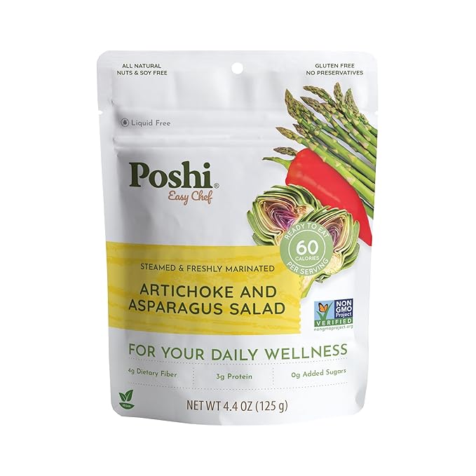 POSHI Artichoke & Asparagus Salad Natural, Keto, Vegan, Non GMO, Low Carb + Calorie, Gluten Free, Ready to Eat, Fully Cooked Vegetables, Pentry Food, Gourmet, Healthy, Travel Food, 6 Pack, 4.4 oz