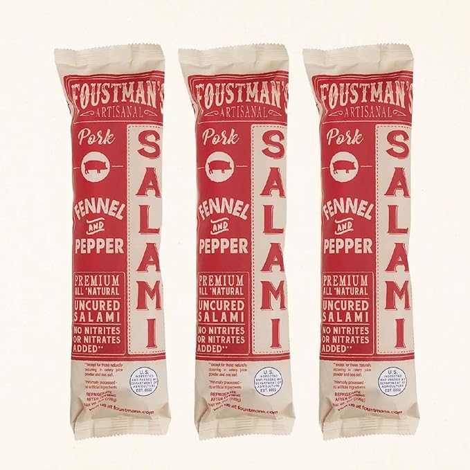 Foustman's Salami Pork Fennel and Pepper Artisanal, Nitrate-Free, Naturally Cured, Gluten-Free, Dairy-Free, Pack of 3, 8 Oz Each