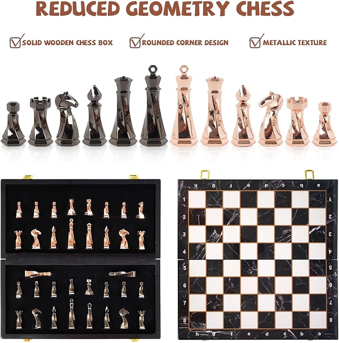Metal Chess Set for Adults and Kids – 15" Wooden Chess Board with Modern Metal Chess Pieces Travel Chess Sets with Metal Chessmen – Collectible Elegant Chess Game – Family Vintage Board Game