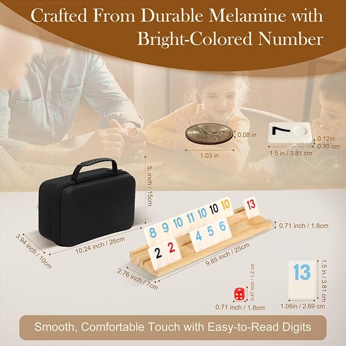 Upgraded 4 Players Rummy Game, 106 Melamine Tiles, 4 Wooden Racks, Premium Portable Case, Drawstring Bags, Tile Board Games for Adults, Birthday Gifts for Men Women Dad Mom