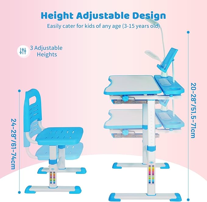Adjustable Student Desk and Chair Set, 3-15 Kids School Desk with Drawing Tilt Desktop/LED Light/Cup Holder/Bookstand/Storage Drawer, Study Desk for Boys & Girls,Blue