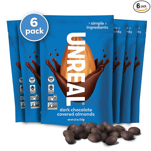 UNREAL Dark Chocolate Almonds - Certified Vegan, Gluten Free, Fair Trade, Non-GMO, No Sugar Alcohols or Soy (6 bags)