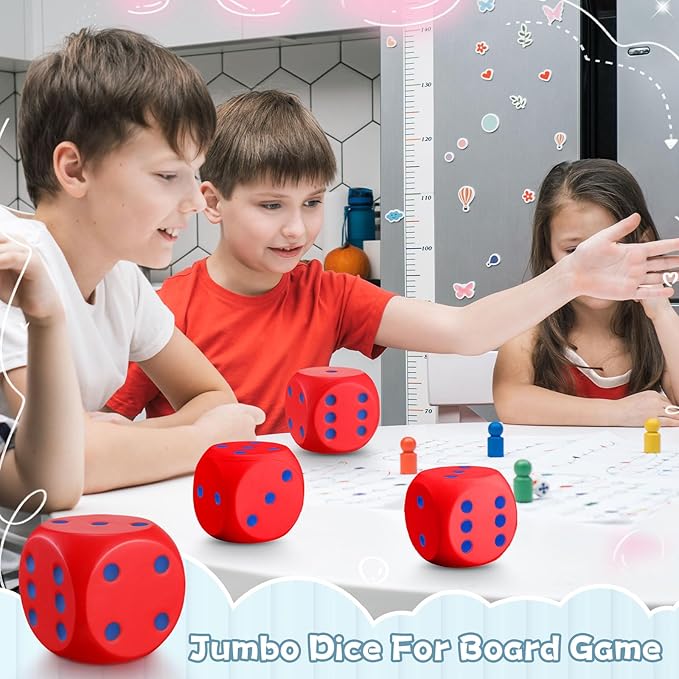 6 Pcs 4" Large Foam Dice Giant Cube with 6 Sided Number Dots Jumbo Soft Slow Big PU Foam Stress Ball for Party Game Math Learning Props Stress Relief Gifts(Red)