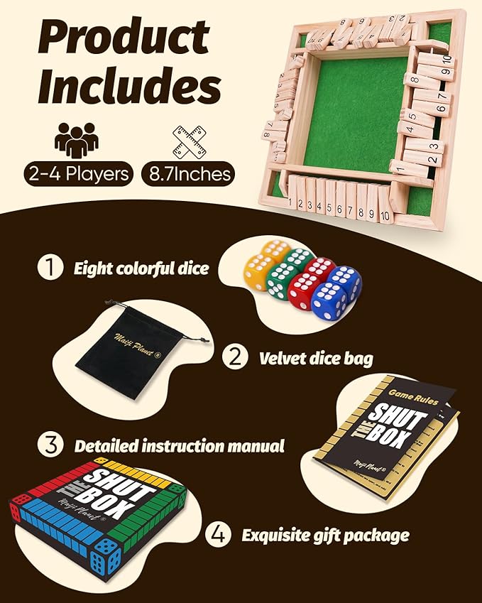 Shut The Box for 2 4 Players Math Family Game Night Quick Dice Game for Party Camp Bar Travel Class School Wooden Classic Table Top Board Game for Adults Kids Couple Elder 8.7" Portable