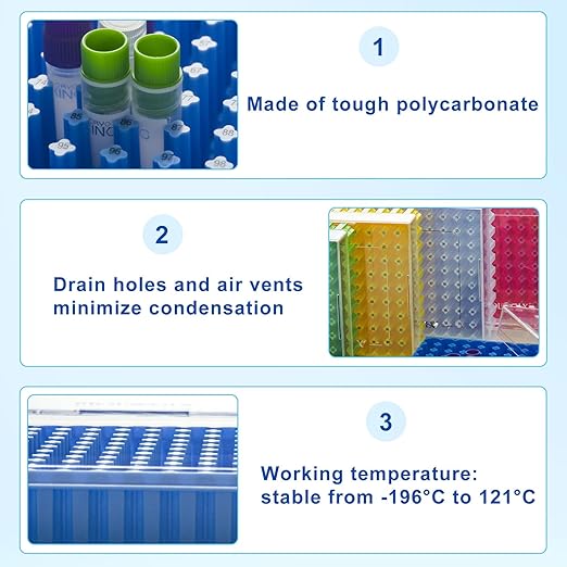 Polycarbonate Freezer Boxes for Sample Storage, 2 in 100-Well Cryoboxes, Assorted Colors Laboratory Vial Storage Boxes, 5 Pcs/Pack