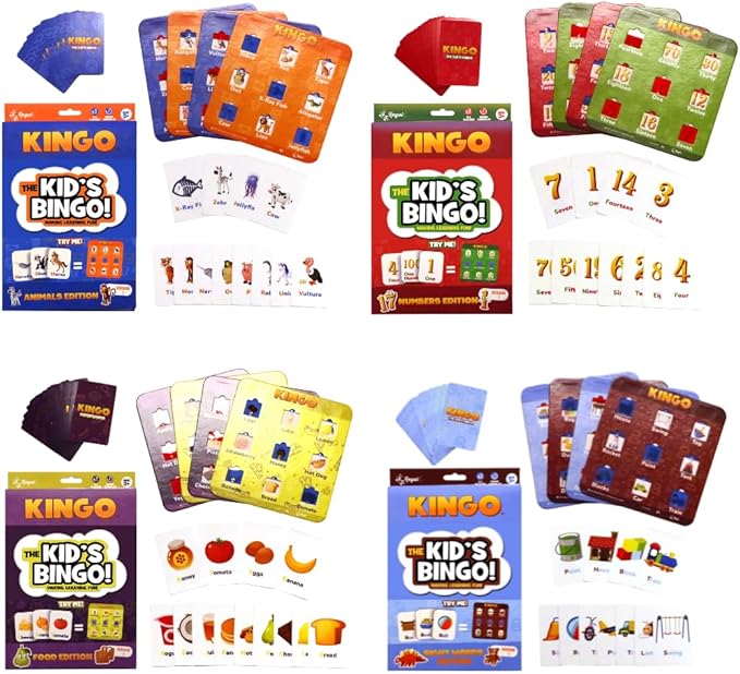 Regal Games 4-in-1 Kingo Set - Bingo Games for Kindergarten and Preschool Kids - Fun Educational Learning Games for Classroom & Home - Vocabulary Builder Kids Bingo