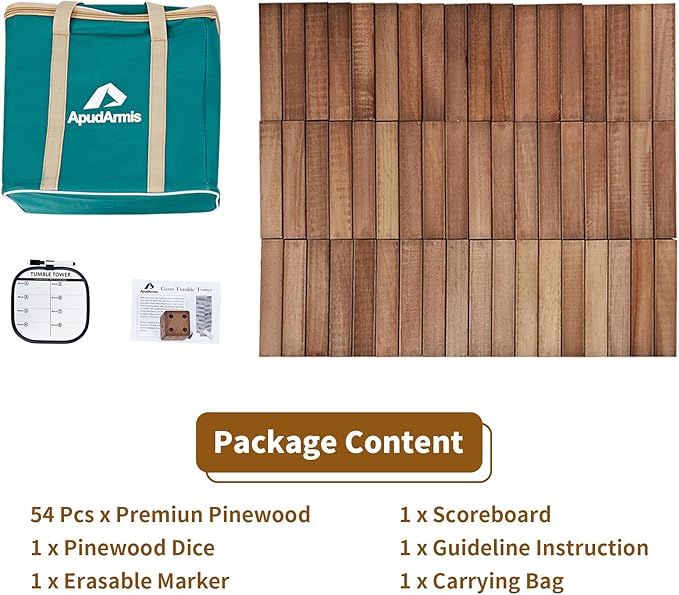 ApudArmis 54 PCS Tumble Timber Set Stack to 3FT, Pine Wooden Tumble Tower Game with Dice and Scoreboard Set - Classic Block Stacking Board Game for Teens Children Teenagers (Brown)