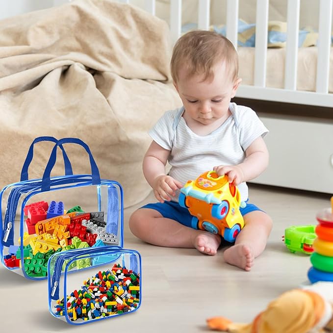 9 Packs Clear PVC Toy Storage Bags Toiletry Bags Waterproof Kids Zippered Toy Organizing Bags for Building Blocks Puzzle Stationery Blue