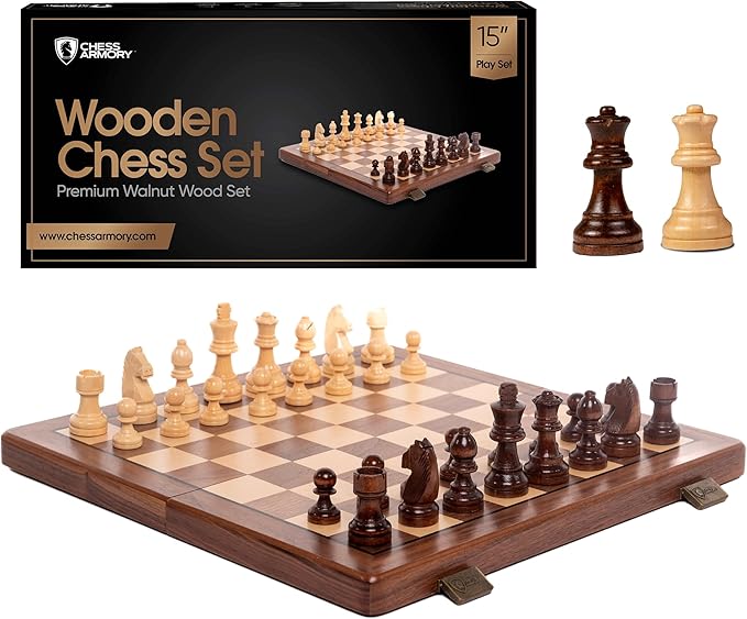 Chess Armory Wooden Chess Set 15 Inch - Premium Walnut Wood Handcrafted Game Board for Adults and Kids with Extra Queen Pieces and Storage Box - Ideal for Home and Travel - Non-Magnetic